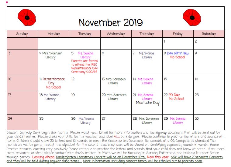 November Kindergarten Calendar